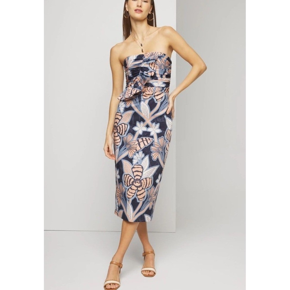 WHBM Strapless Ruffle Bust Sheath Dress 2 Blue‎ Floral Derby Coquette Cocktail